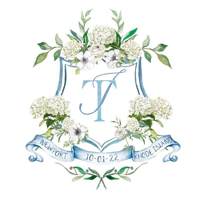 Arabella June watercolor crest with Elegant Quill monogram