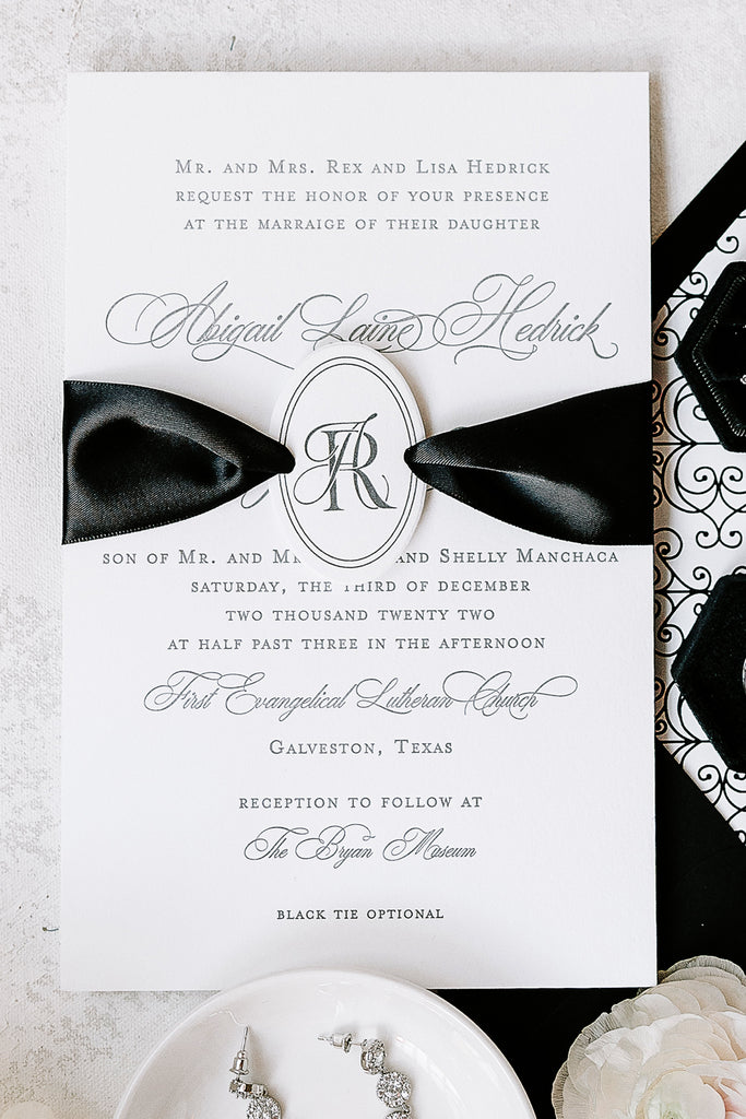 luxe wedding invitation with monogram by Elegant Quill
