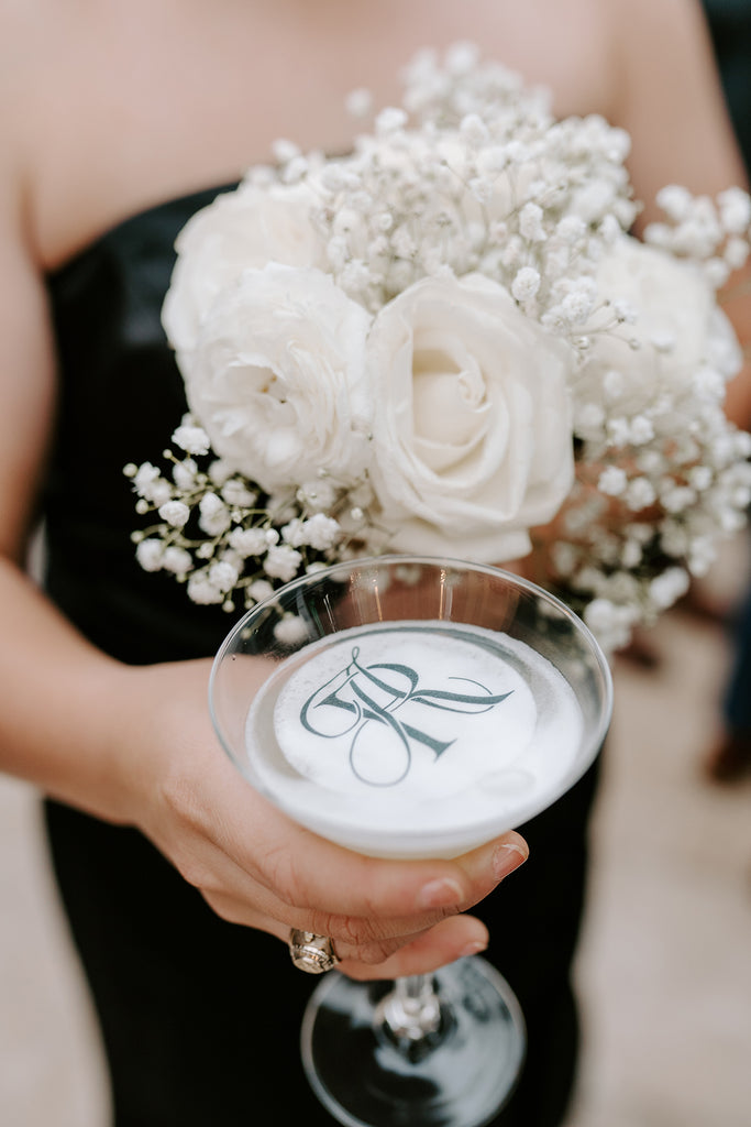 wedding cocktail topper with Elegant Quill monogram