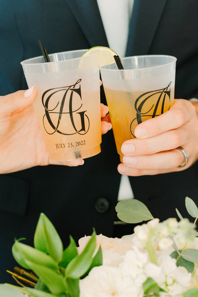 wedding monogram on plastic cups by Elegant Quill