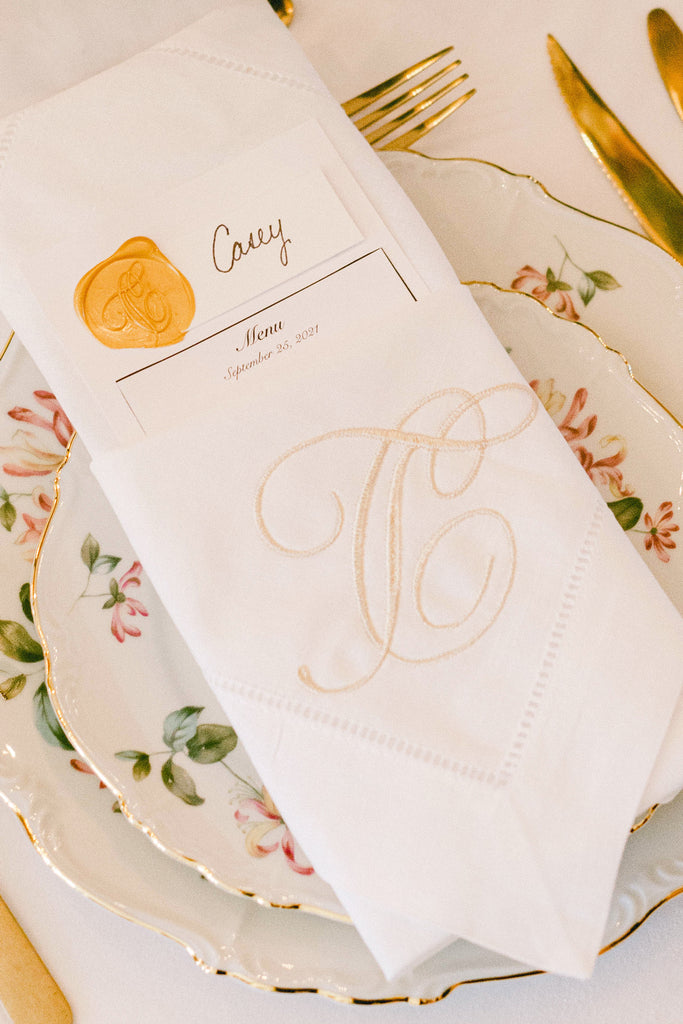 monogram embroidered on wedding linen napkins Elegant Quill