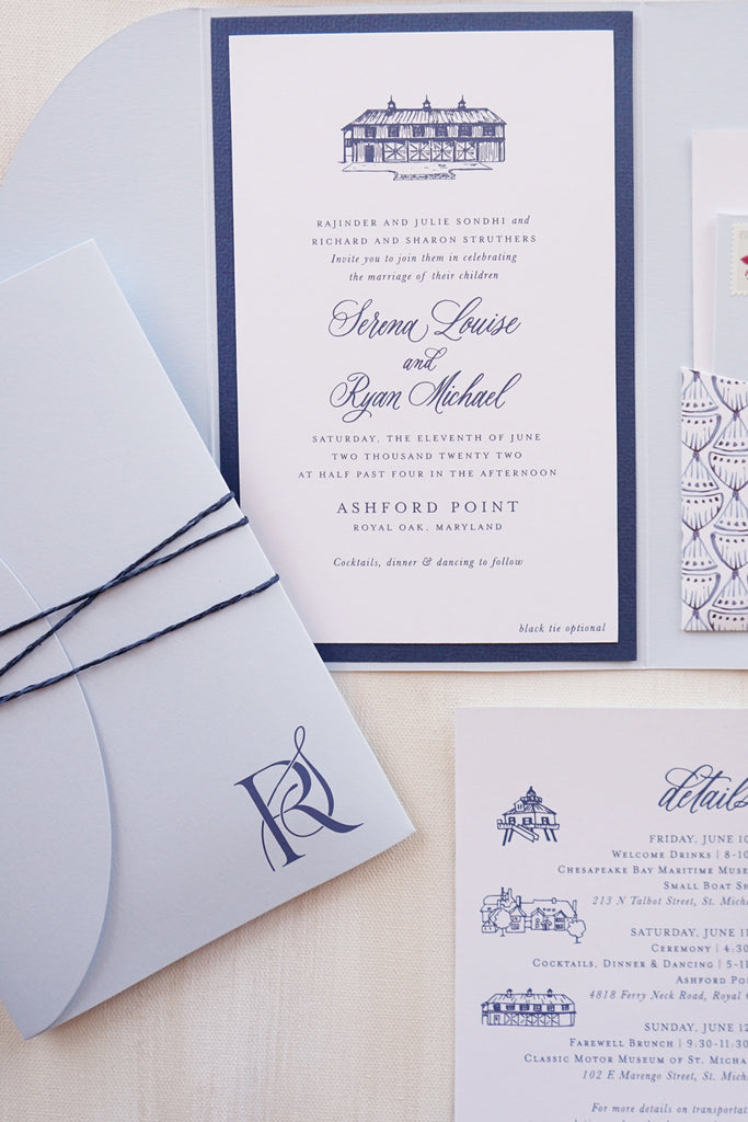 Lewes Lettering Co wedding invitation with Elegant Quill monogram