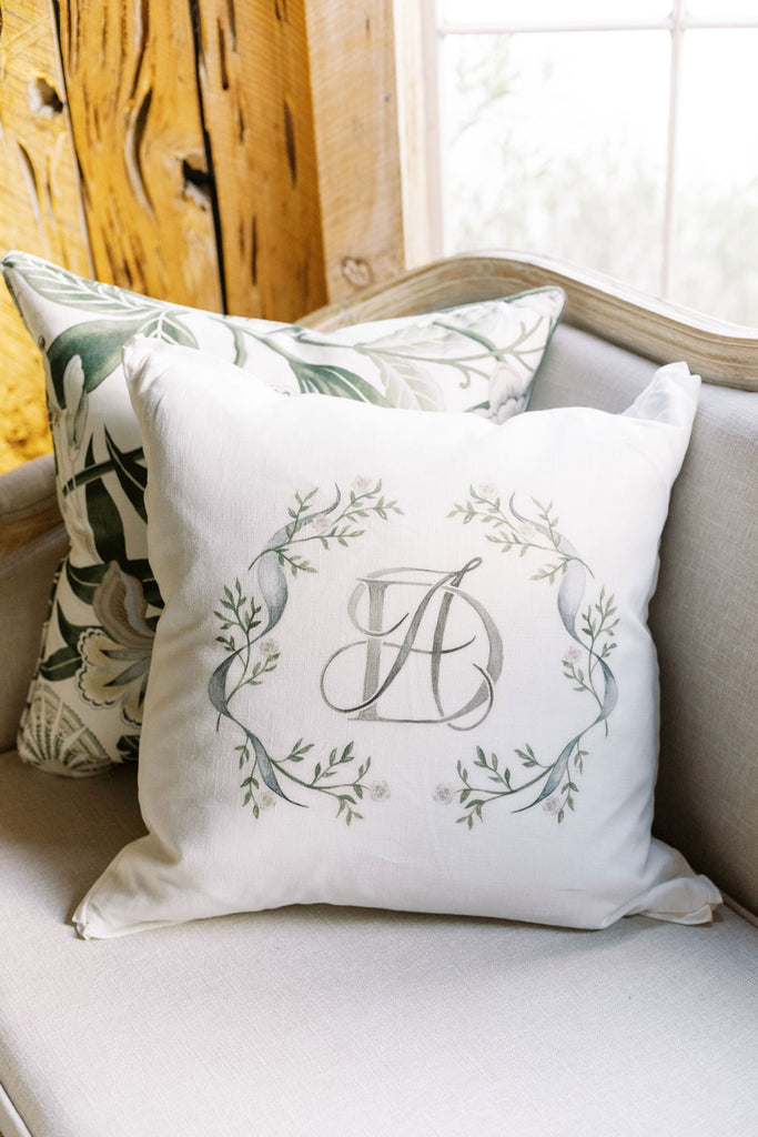 monogram throw pillow for wedding lounge