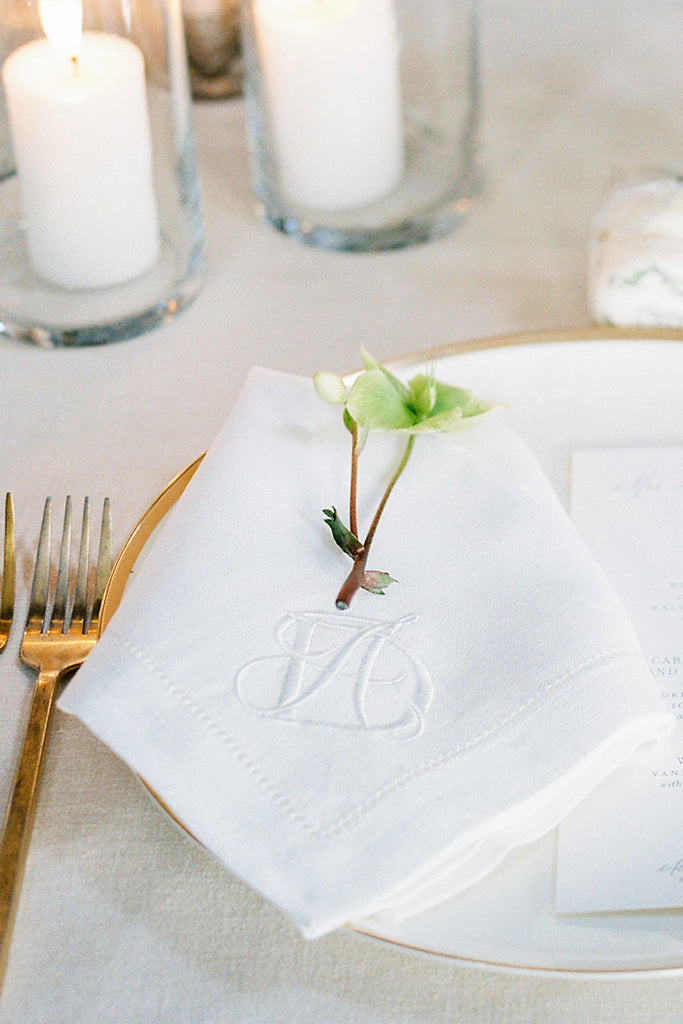 monogrammed white wedding linen napkin