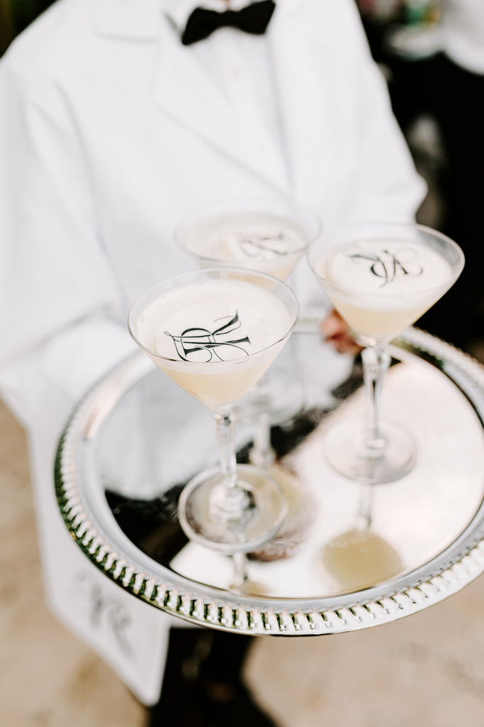 wedding cocktail toppers with Elegant Quill monogram