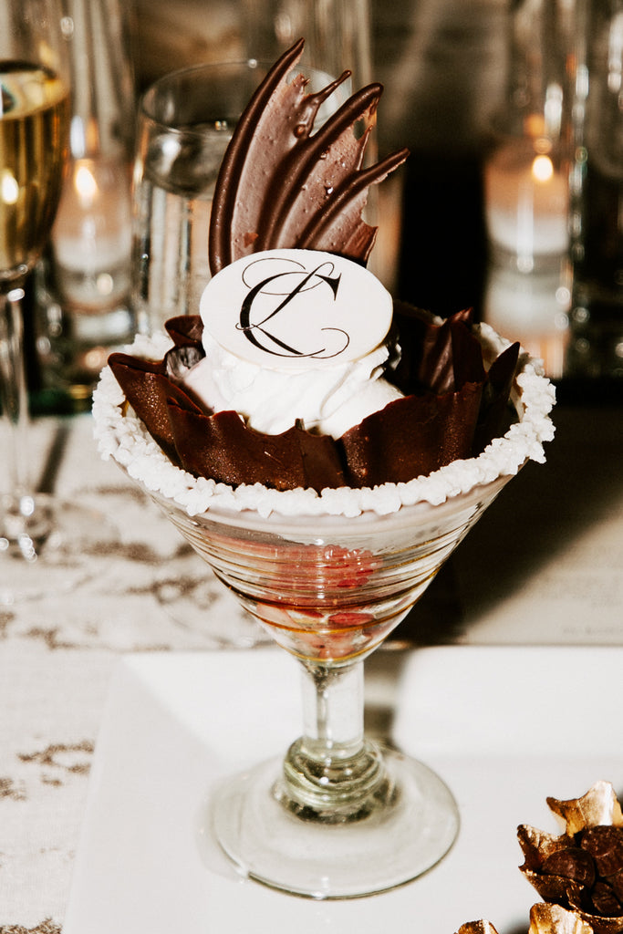 wedding ice cream sundae with monogram on edible wafer topper